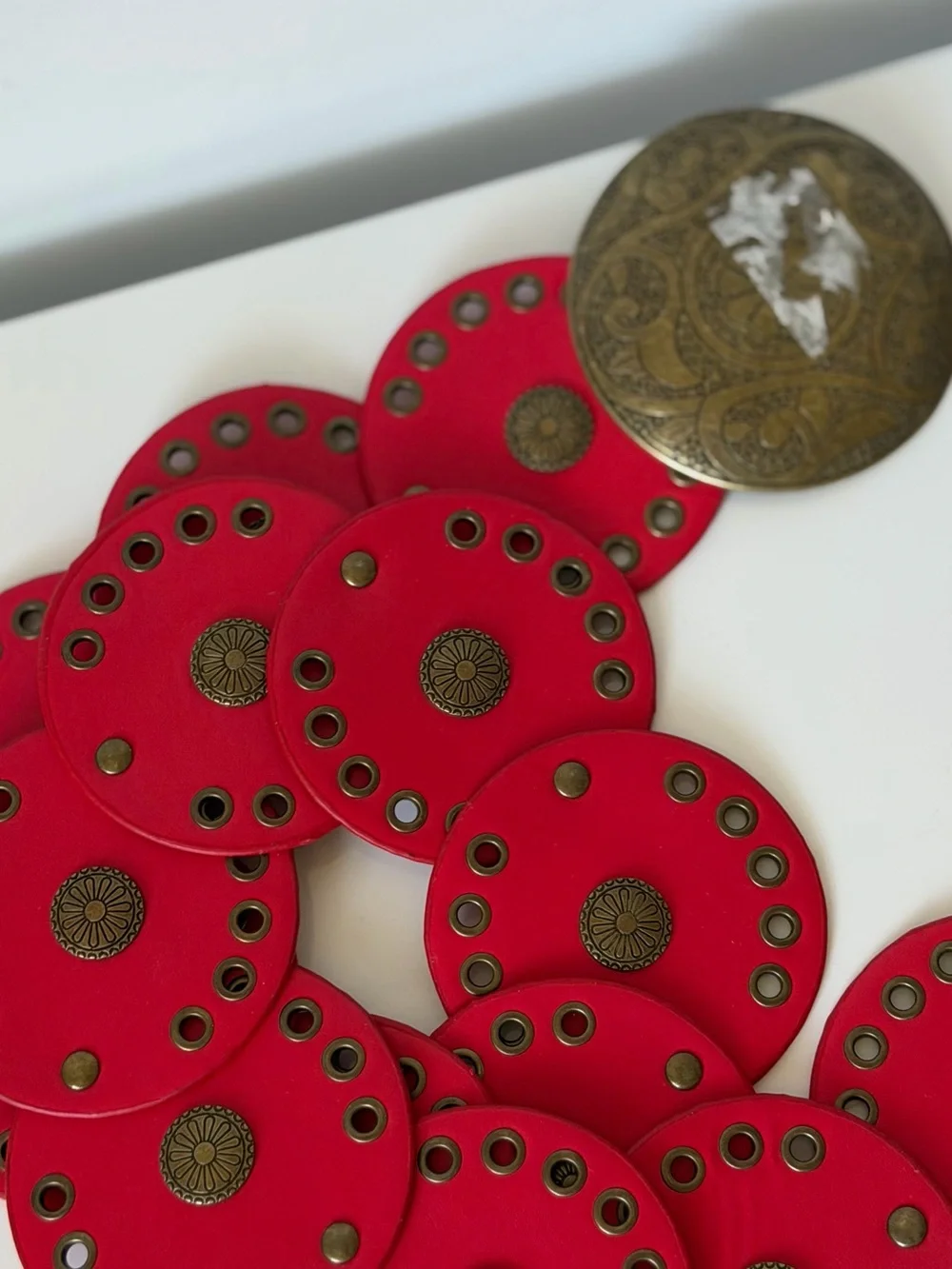 Red Boho Statement Disc Belt with Antique Gold-Tone Buckle